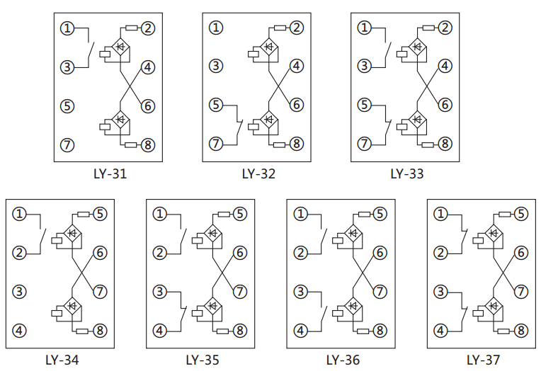 LY-37電壓繼電器內(nèi)部接線及外引接線圖 LY-37電壓繼電器內(nèi)部接線及外引接線圖