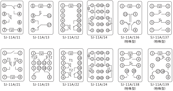 SJ-11A/13集成電路時(shí)間繼電器內(nèi)部接線圖及外引接線圖片 SJ-11A/13集成電路時(shí)間繼電器內(nèi)部接線圖及外引接線圖片