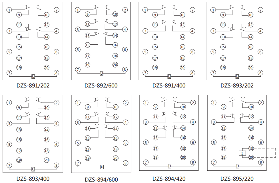 DZS-892延時中間繼電器內部接線圖及外引接線圖（背視）