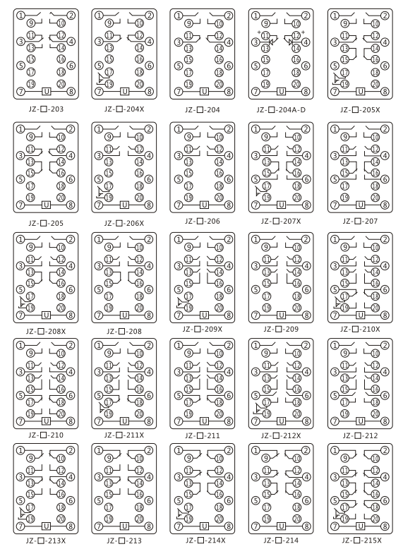 JZY（J)-210X靜態中間繼電器內部接線圖及外引接線圖