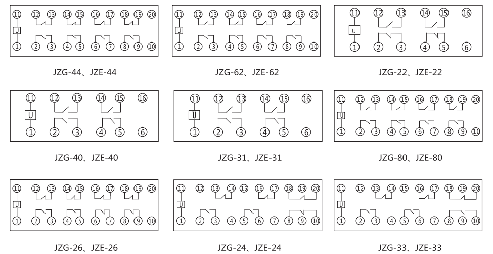 JZG-80卡軌式靜態(tài)中間繼電器內(nèi)部端子外引接線圖 JZG-80卡軌式靜態(tài)中間繼電器內(nèi)部端子外引接線圖